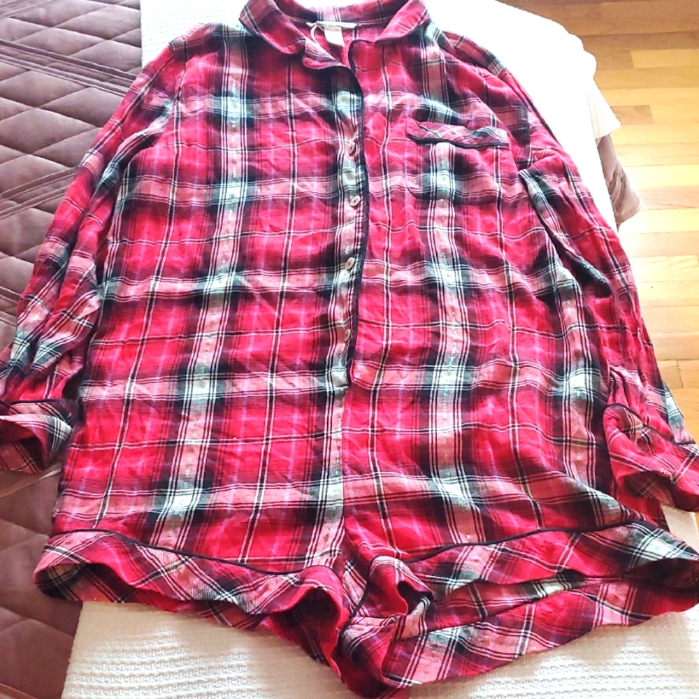 Victoria's Secret Red Plaid Shirt/ Shorts Onesie Pjs